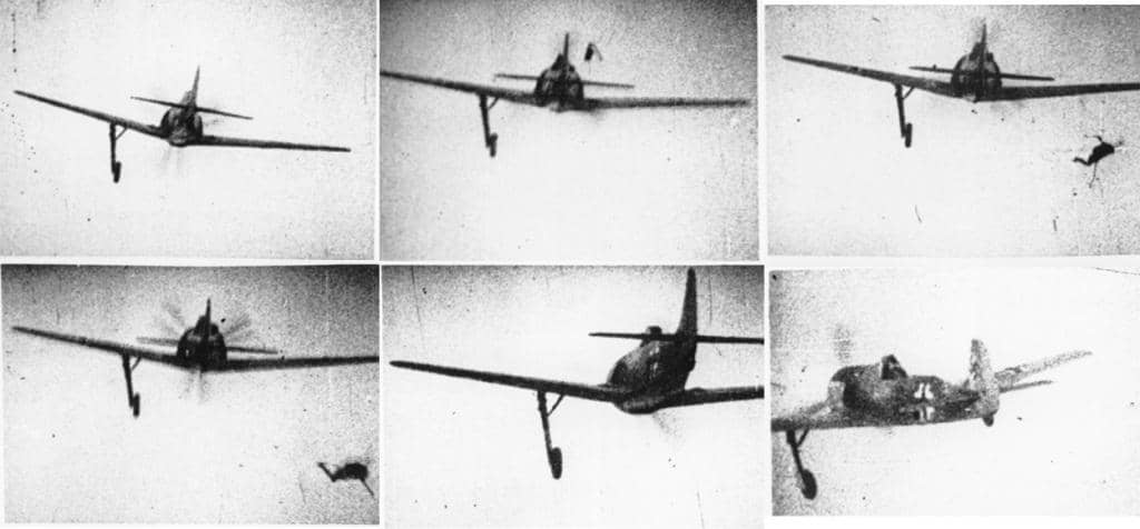 Немецкий самолет «Фокке-Вульф Fw. 190», сбитый в мае 1942 года. Этот момент зафиксирован камерой, установленной на борту британского истребителя «Спитфайр»
